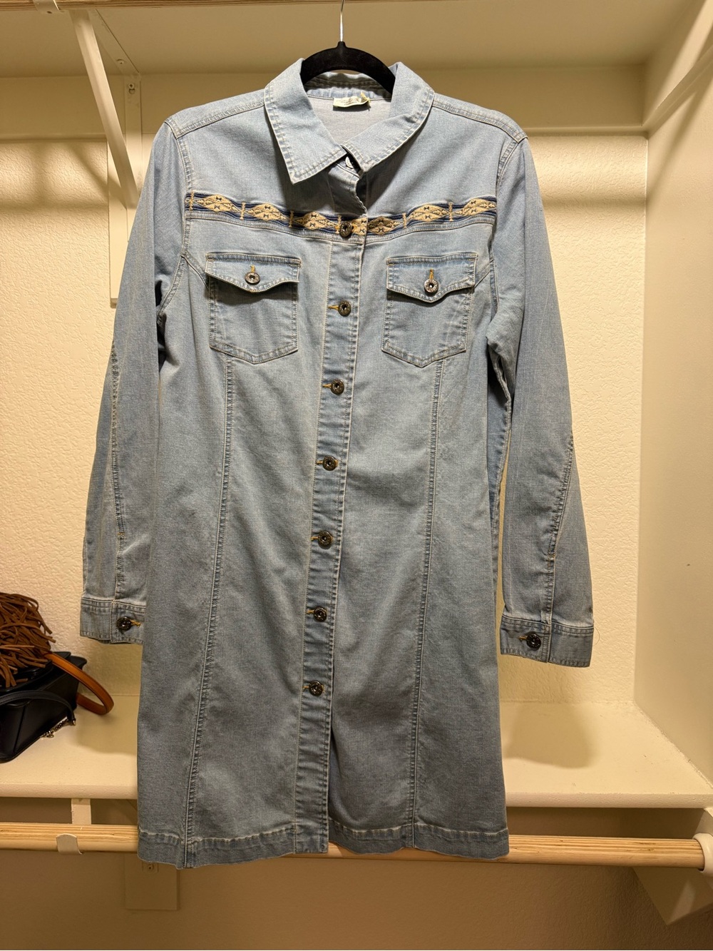 Tasha Polizzi Light Blue Denim Long Jacket with Embroidered Yoke